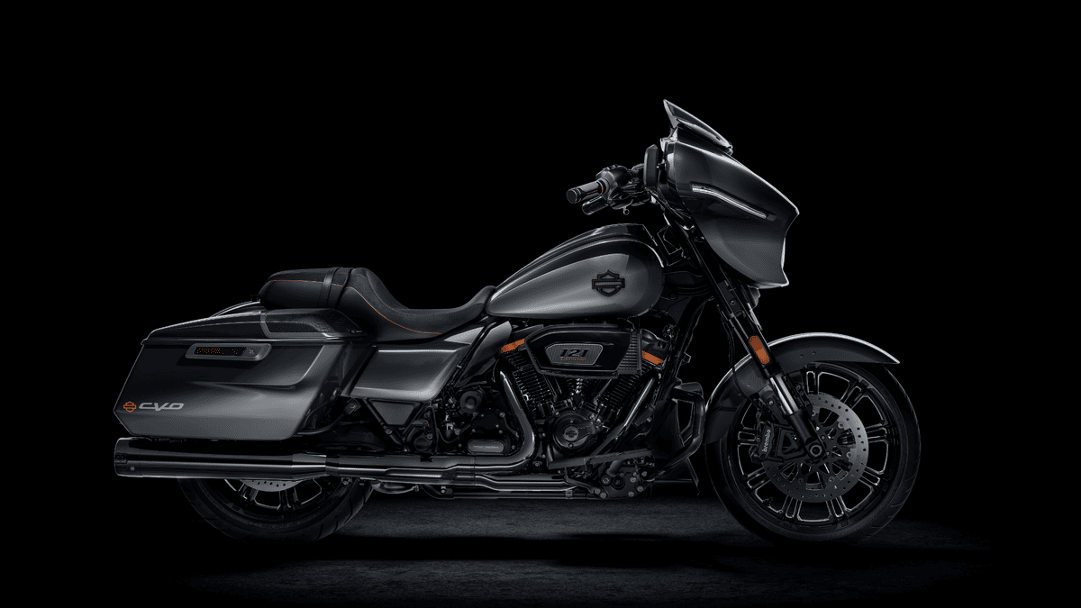 A black 2025 Harley-Davidson® CVO™ Street Glide® motorcycle displayed against a black background, available at Boswell's Harley-Davidson® in Nashville, TN