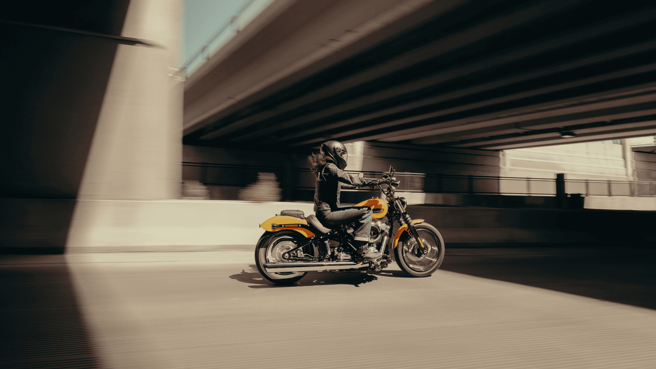 A motorcyclist rides The 2025 Harley-Davidson® Street Bob® in Nashville, TN, cruising under a highwa…